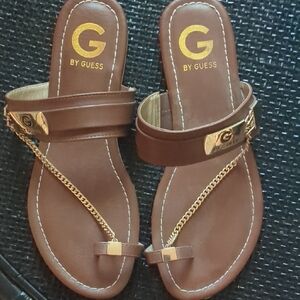 Guess Women's Tan Sandals with Gold Chain Detail